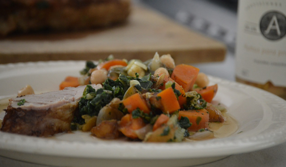 Verduras y garbanzos con solomillo